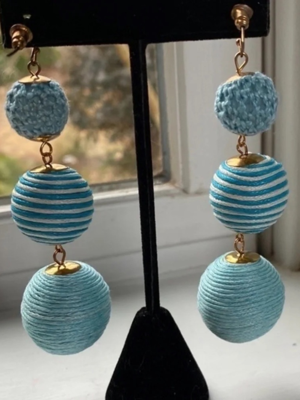 Anthropologie Blue Triple Pom  Ball Earrings